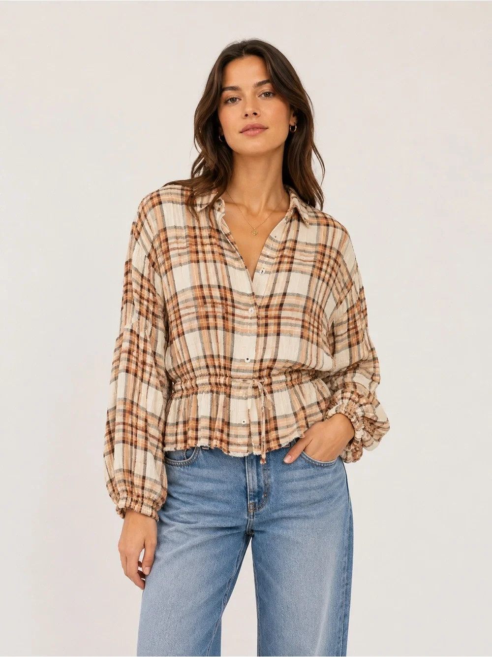 🎉LAST PIECE🎉 Free People Women's Pacific Dawn Drawstring Plaid Shirt‎